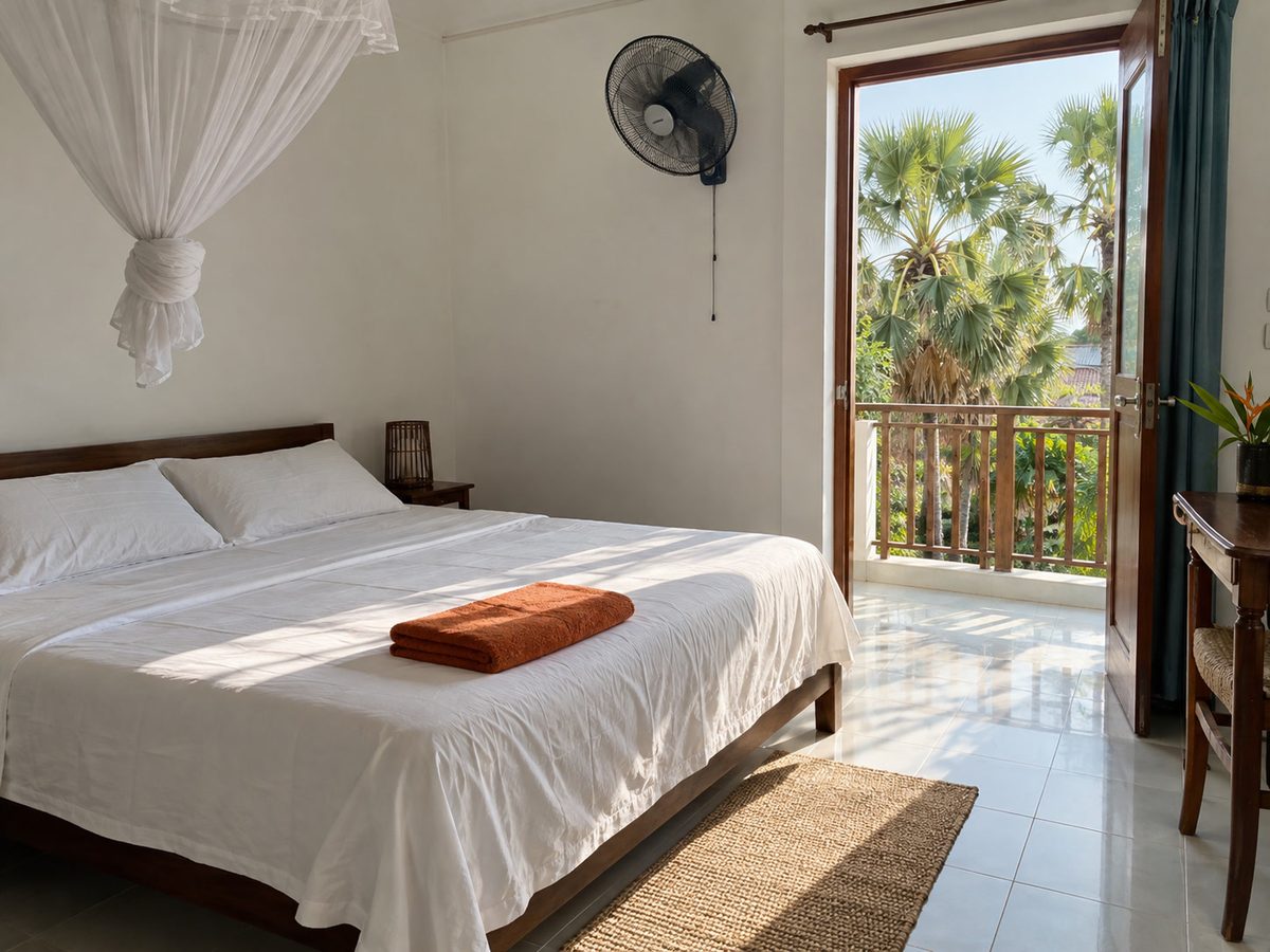 Simple east-coast guest room with a balcony opening toward palmyra fronds and pale morning light